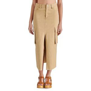 STEVE MADDEN Benson Midi Utility Skirt Women's Beige Front Slit Cargo Stretch